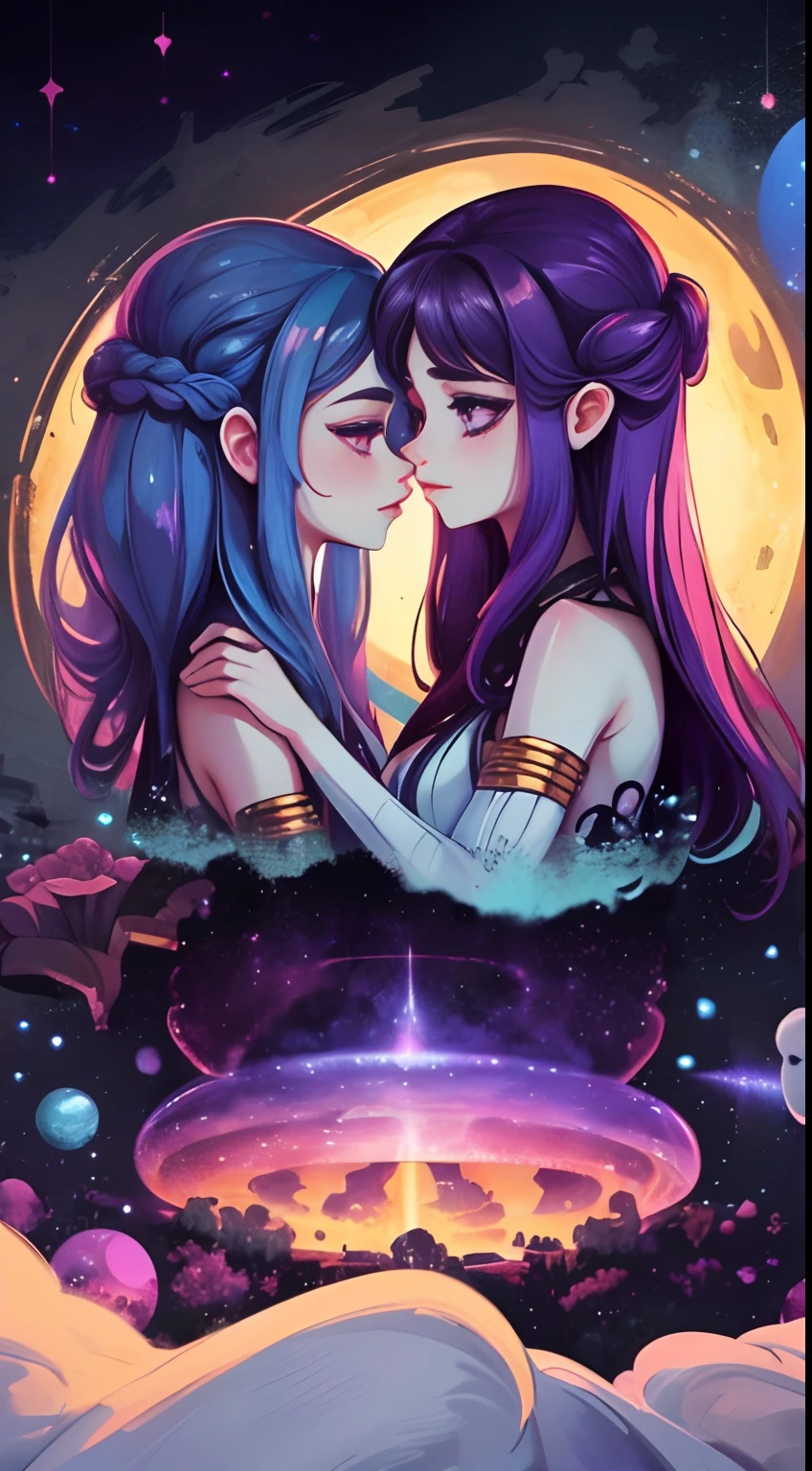 adesivo, fundo simples, portrait, 2 girls, couple, kissing, girl with long hair, beautiful galaxy girl, galaxy aesthetic, beautiful girl, very beautiful fantasy art, beautiful and elegant female galaxy, beautiful detailed fantasy, purple and blue color palate, purple color-theme