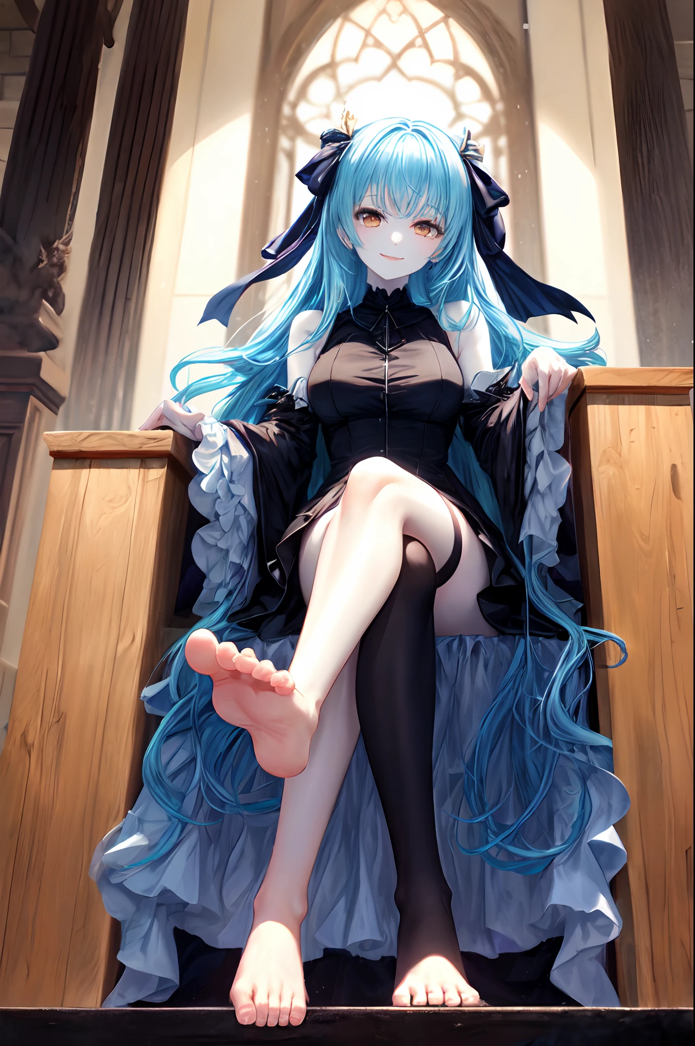 (((presenting foot))), foot towards camera, foot towards viewer, from below, (black thighhighs), showing foot to viewer, (presenting foot), looking at viewer, from below, (hand on own thighs), eyelashes, (pale skin:1.4), anime style, masterpiece, 8k, sharp details, 1girl, solo, light blue hair, full body black dress with skirt, mature female, medium breasts, black side twin hair ribbon, brown eyes, long hair, sleeveless, closed mouth, crossed legs, light smile, sitting