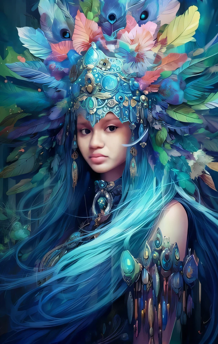 a woman with blue hair and feathers on her head, beautiful young wind spirit, retrato bonito da arte da fantasia, bela arte de fantasia, arte de fantasia muito bonita, lindo arte digital, retrato bonito da fantasia, arte de fantasia digital ), linda arte digital linda, arte do retrato da fantasia, arte digital muito bonita, amazing fantasy art, mulher da fantasia, linda donzela fantasia, pintura de personagem bonita, arte estilo fantasia