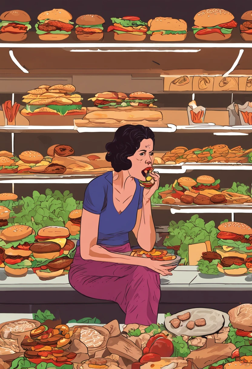 "Crie uma imagem que capture a realidade: uma mulher de 40 anos, sad expression, while trying to pick a salad amid a tempting selection of burgers and pizza."