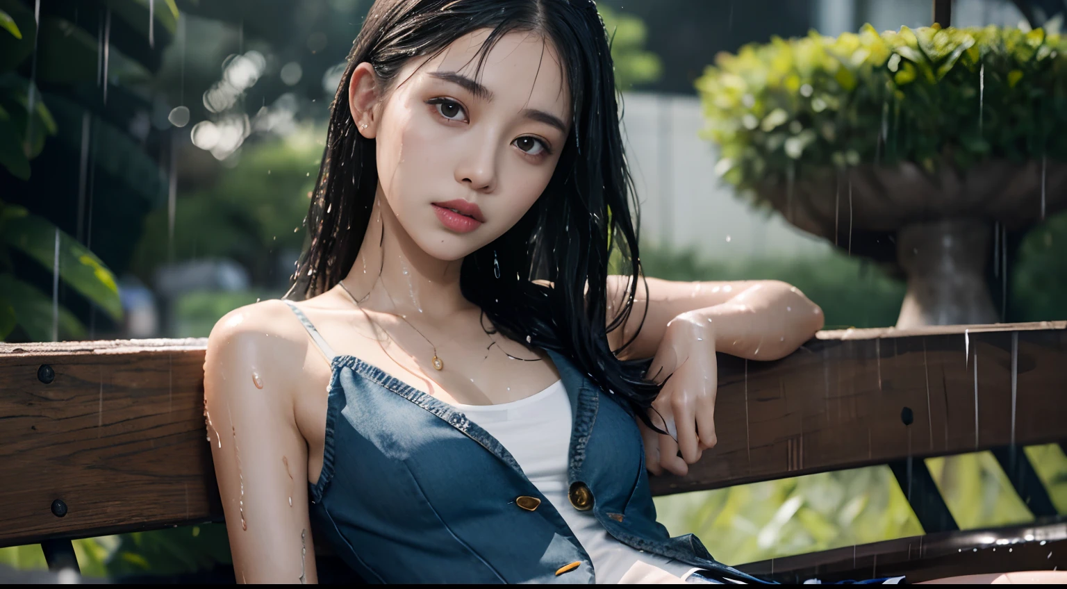 ((32K, top-quality:1.5, ​masterpiece, 超A high resolution, Photorealsitic)), 1girl in, 20yr old, Home garden, Summer evening, (((Typhoon torrential rain))), Highly detailed facial and skin texture:1.2, ((look up sky, Tall slender beauty getting wet in the rain:1.4)), (Rain drips all over the body:1.2, wetting hair, Wet clothes:1.1, water drop on the skin), ((Purple wet office lady uniform:1.4, Chest shows through:1.2, Button is not closed, Wearing lace underwear)), medium breasts⁩((Open valley)), (Tired Pose:1.2), a belt, Wet pantyhose:1.1, Wet pink panties, Silver necklace, blurry backround, ((beautifull detailed face)), low angles