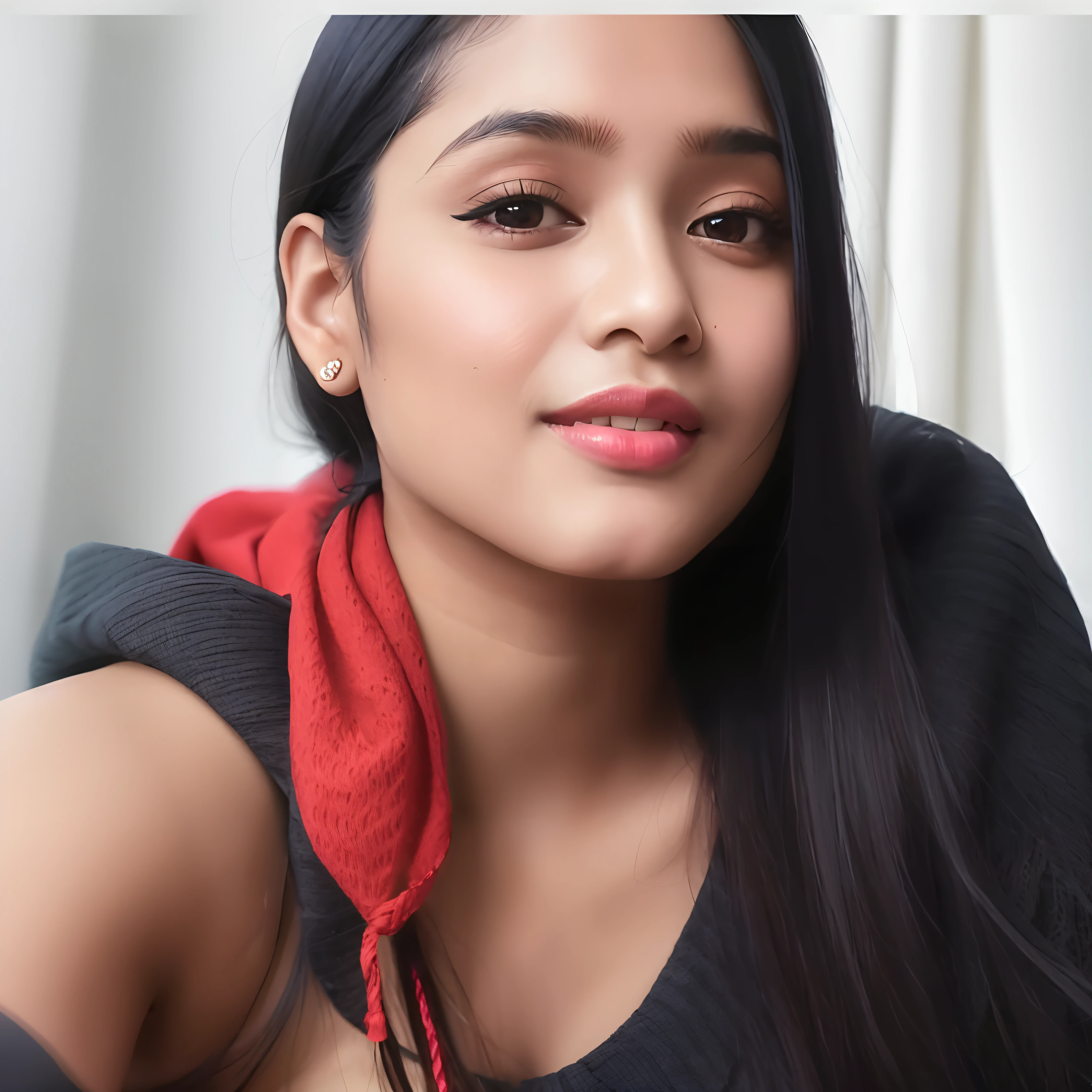 there is a woman with long black hair and a red scarf, indian, inspired by T. K. Padmini, indian girl with brown skin, desi, with lovely look, 30 years old woman, 3 0 years old woman, woman model, tiktok video, sexy girl with dark complexion, webcam footage, with accurate face, photo of a woman