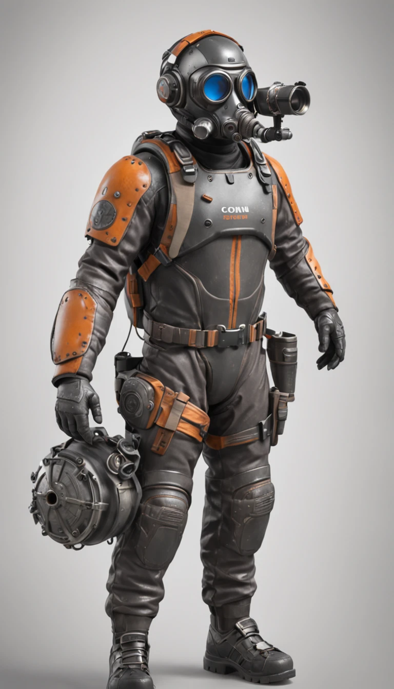 Diver , bits of color, Sketch, hand drawn, dark, gritty, realistic sketch, Rough sketch, mix of bold dark lines and loose lines, bold lines, on paper, character sheet, diver, Full body covered in metal, slik, sci-fi, ghostly theme, (((items and gear listed on the side)))