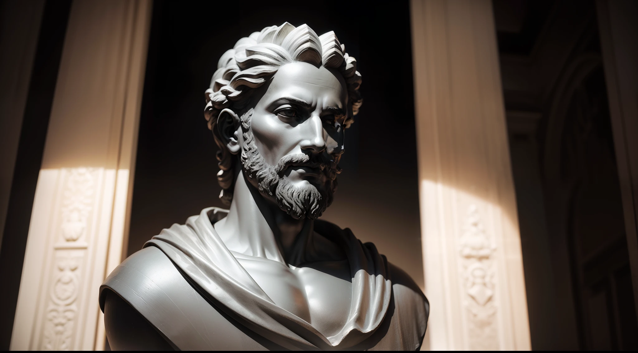 Realistic statue with all-black background of ancient philosopher epictetus.  obra-prima, melhor qualidade, Textura 8K, altamente detalhados, realista, soft  Cinematic Light, HDR, foco nítido, obra-prima, fotorrealista, fotografia premiada, Canon EOS R5, 35 mm.