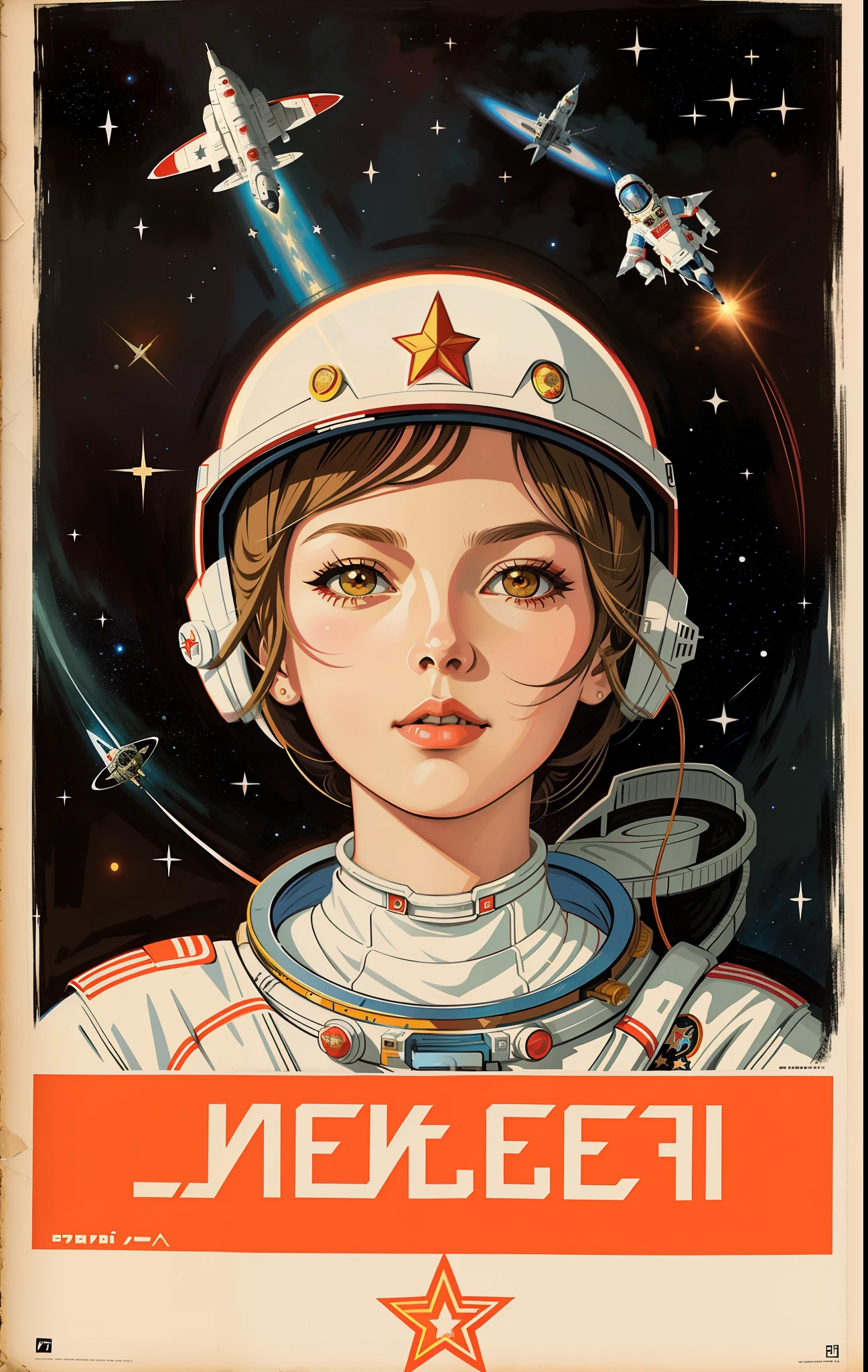 shepardic poster of a woman in a space suit with a star on her head, portrait anime space cadet girl, artgerm jsc, jen bartel, girl in space, soviet propaganda poster style, portrait armored astronaut girl, soviet propaganda art, soviet propaganda style, soviet propaganda, artwork in the style of guweiz, sergey zabelin, cosmonaut