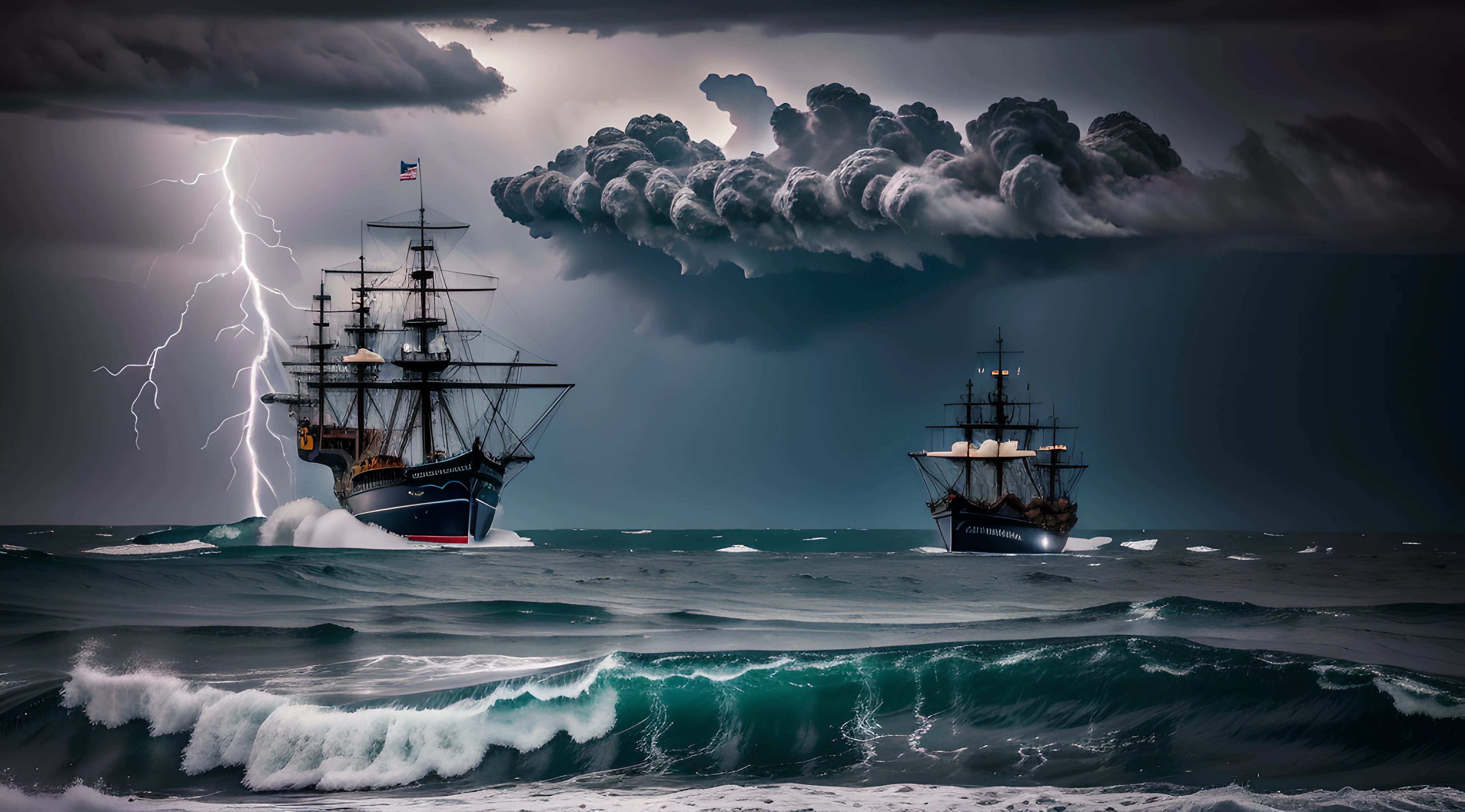 "Generate an ultra-high definition image portraying an aged pirate ship caught in a tempest, tilting precariously to the side amidst colossal ocean waves that threaten to capsize it. Utilize advanced framing techniques to capture the ship at a dynamic angle that accentuates its vulnerability and the tumultuous sea.
Position the camera to showcase the dramatic tilt of the ship, using a low angle to emphasize its height against the towering waves. Implement a fast shutter speed to freeze the chaotic motion, capturing the splashes and foam of the waves with utmost clarity.
Employ diffused lighting to highlight the ship's timeworn textures and the churning waves, creating an interplay of light and shadow that adds depth to the composition.
Capture the moment when lightning illuminates the dark sky, emphasizing the storm's intensity and the ship's isolation. Utilize a slightly longer exposure time to capture the lightning strikes as vivid bursts of light within the dark atmosphere.
Experiment with color balance settings to convey the storm's ominous atmosphere, using deep blues and grays to evoke the darkness of the tempest. Enhance the image's color contrast to create separation between the ship and the turbulent sea.
Implement post-processing techniques to refine the image's contrast, sharpness, and color balance, ensuring that each detail, from the ship's tattered sails to the wild patterns of the waves, is rendered with breathtaking clarity.
Ultimately, capture a moment of peril and adventure as the pirate ship battles the elements, inviting viewers to experience the grandeur and danger of a storm-tossed sea in a single, captivating image."