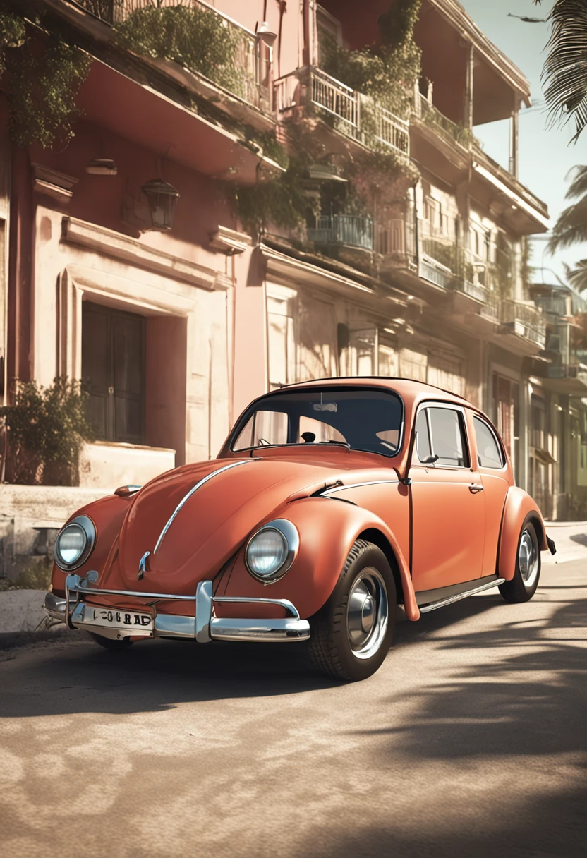 vista externa, um tiro largo, um tiro largo e cheio, Vista frontal, vista exterior, tiro interessante, do lado de fora de uma casa, visto de fora, Medium Wide Shot, Front view, Adobe Illustrator, imagem vetorial de um carro verde claro, modelo Volkswagen fusca 1950, car in proportion to the area , carro no centro da imagem sem cortes, em frente a uma praia no Caribe, com palmeiras, Old buildings of Havana, ::n_baixa qualidade, boneco, anime, imperfeito, Texto, assinatura.