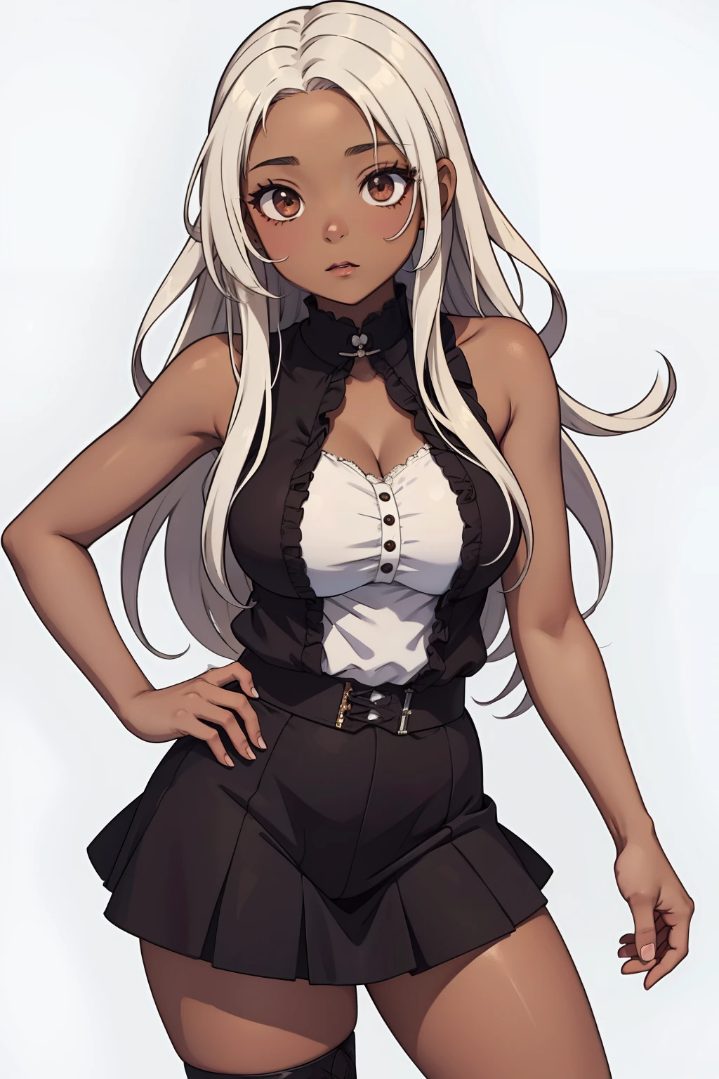 brown skin, anime girl, fully body, chubby, gothic, dark brown skin, short, revealing clothes, long white hair, brown eyes, tan skin, white background,