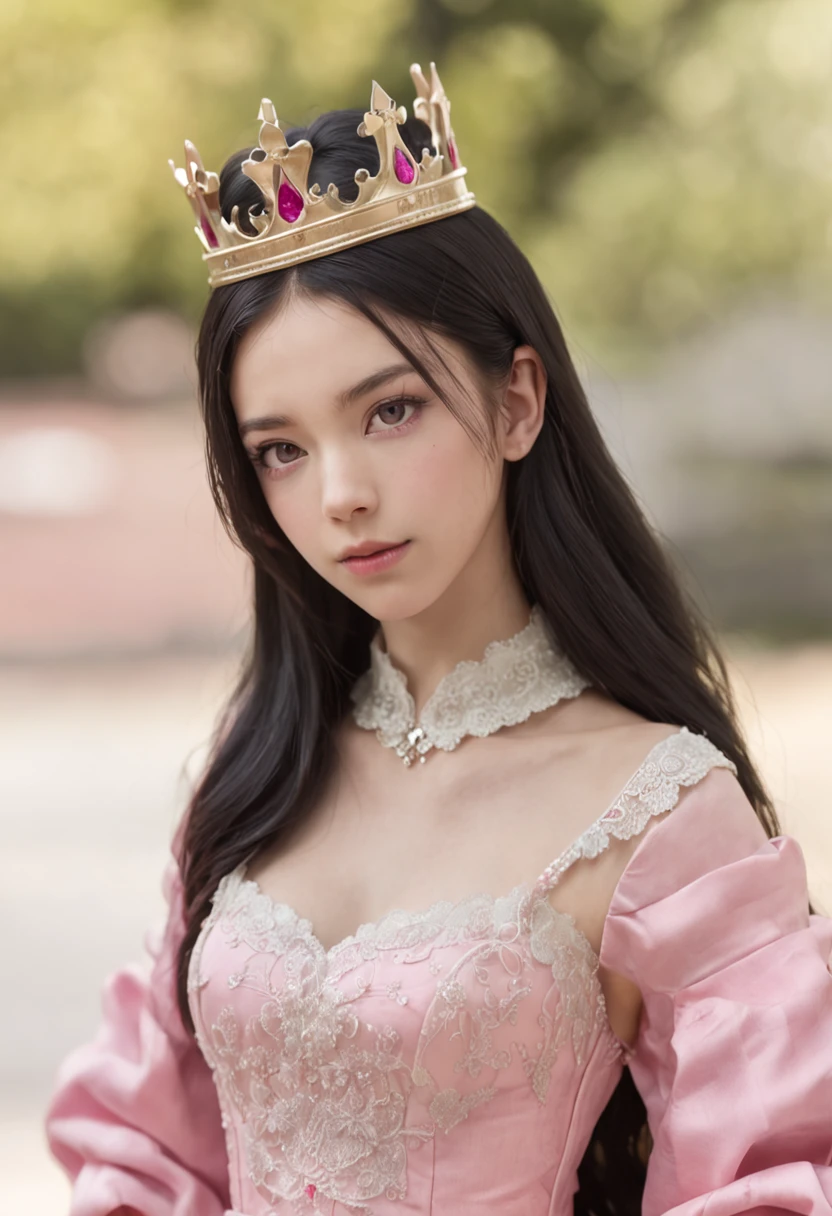 Short Girl Black Pink Eyes Pink Dress 16 Years Princess Royal Dress Crown Away From Her Head Boy 16 years old wearing black White hair tends to yellow Red eyes Bangs between his eyebrows Handsome boy