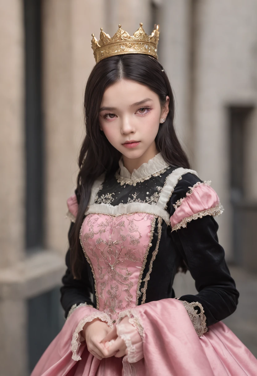 Short Girl Black Pink Eyes Pink Dress Princess Royal Dress Crown Away From Her Head Boy 16 years black White hair tends to yellow Red eyes Bangs between his eyebrows Handsome boy