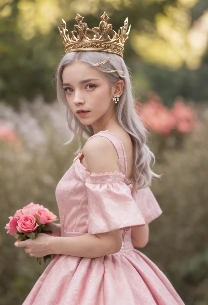 Short Girl Black Pink Eyes Pink Dress  Princess Royal Dress Crown Away From Her Head Boy 16 years black White hair tends to yellow Red eyes Bangs between his eyebrows Handsome boy
