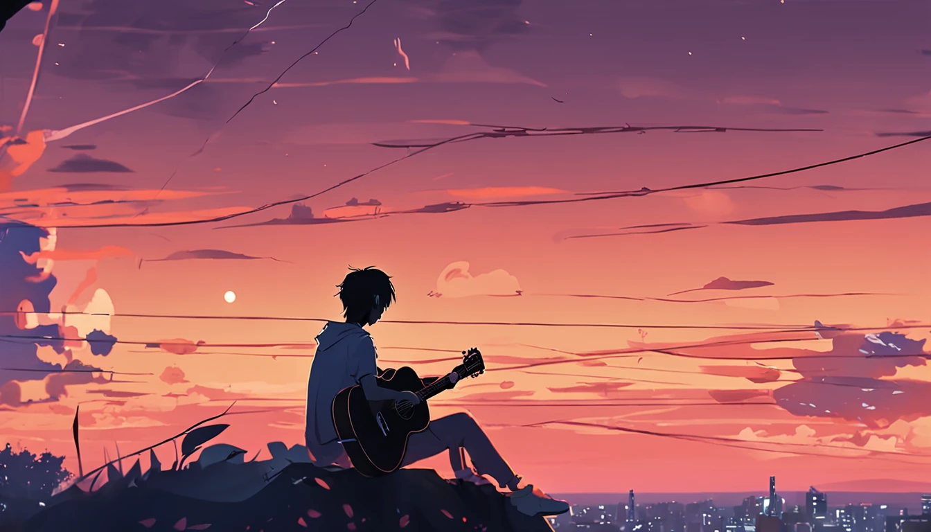 Anime boy sitting on a ledge playing a guitar at sunset, Anime Art Wallpaper 8K, Anime Art Wallpaper 4K, Anime Art Wallpaper 4K, Estilo anime 4K, 4k anime wallpapers, 4k anime wallpapers, 4k anime wallpapers, Wallpapers manga 4K wallpapers, Makoto Shinkai Cirilo Rolando, the girl plays the guitar, menino lofi