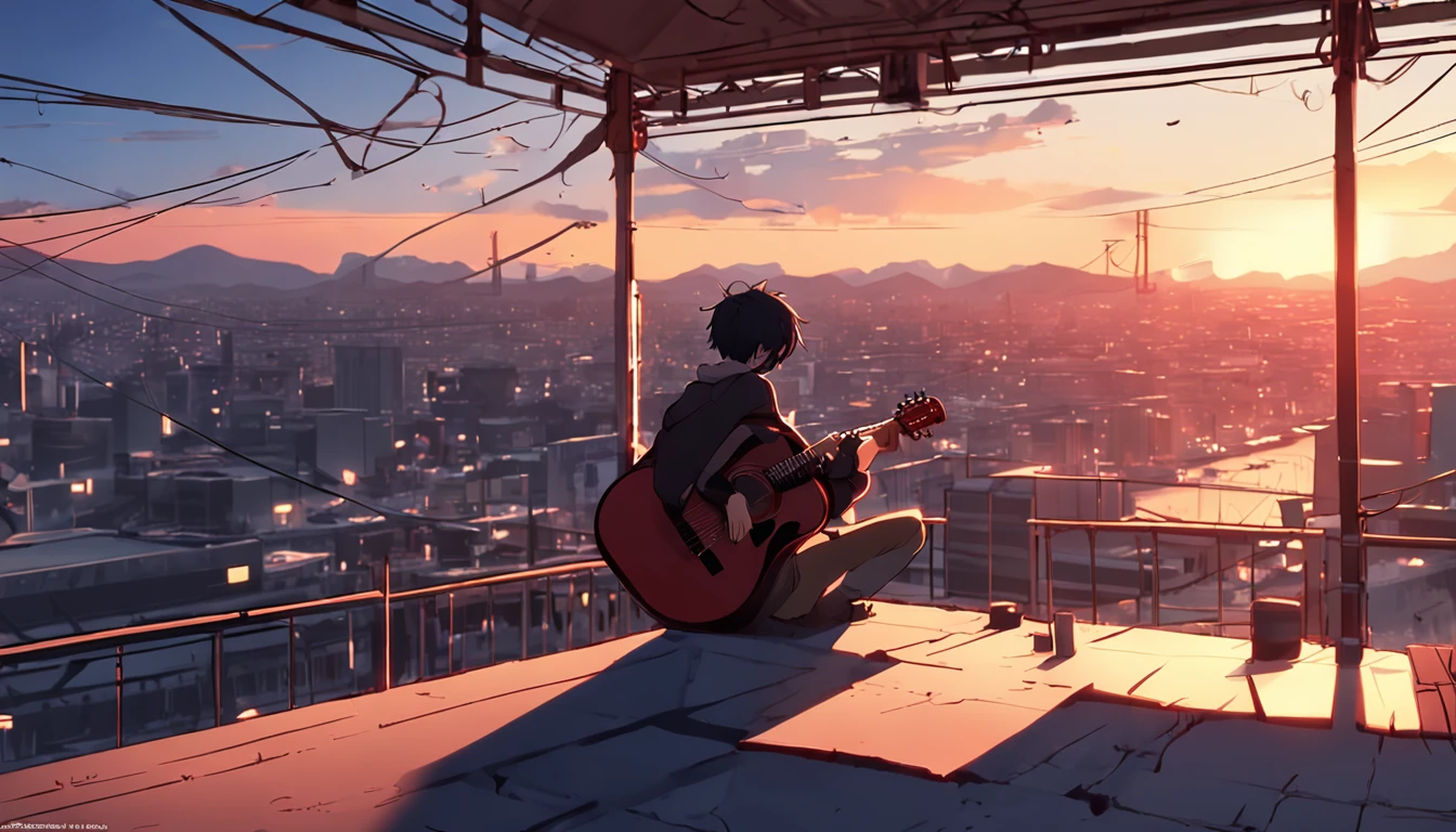 Anime boy sitting on a ledge playing a guitar at sunset, Anime Art Wallpaper 8K, Anime Art Wallpaper 4K, Anime Art Wallpaper 4K, Estilo anime 4K, 4k anime wallpapers, 4k anime wallpapers, 4k anime wallpapers, Wallpapers manga 4K wallpapers, Makoto Shinkai Cirilo Rolando, the girl plays the guitar, menino lofi