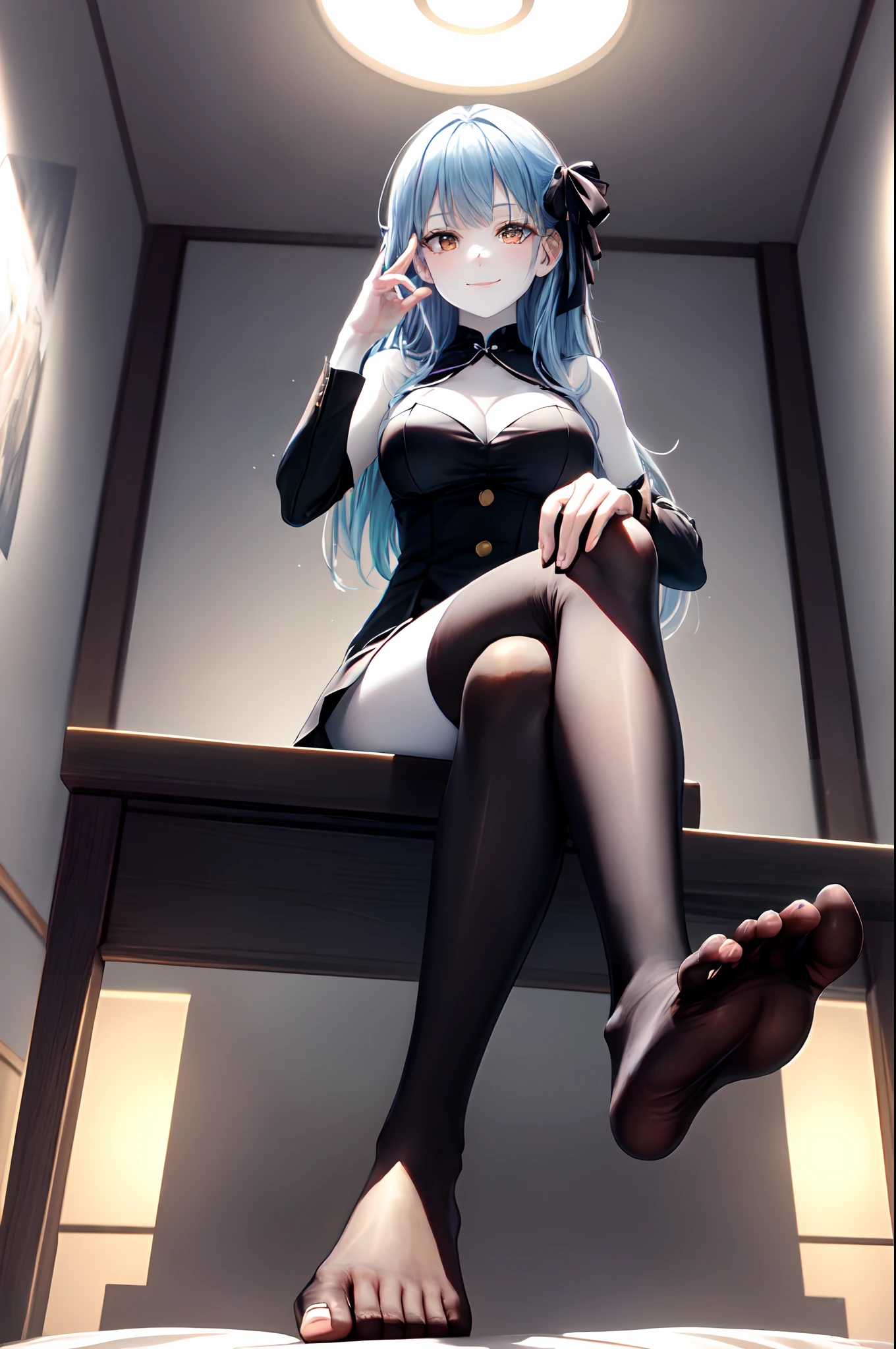 (((presenting foot))), foot towards camera, foot towards viewer, from below, (black thighhighs), showing foot to viewer, (presenting foot), looking at viewer, from below, (hand on own thighs), eyelashes, (pale skin:1.4), anime style, masterpiece, 8k, sharp details, 1girl, solo, light blue hair, full body black dress with skirt, mature female, medium breasts, black side twin hair ribbon, brown eyes, long hair, sleeveless, closed mouth, crossed legs, light smile, sitting