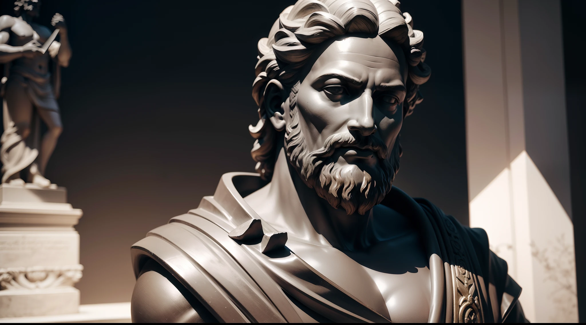 Realistic statue with all-black background of ancient philosopher epictetus. obra-prima, melhor qualidade, Textura 8K, altamente detalhados, realista, soft Cinematic Light, HDR, foco nítido, obra-prima, fotorrealista, fotografia premiada, Canon EOS R5, 35 mm.