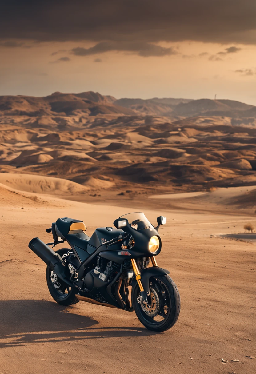suzuki gsx-r ano 1991,preta, estilo naked, sem carenagem, dois farois redondos, foto em perspectiva, estilo filme do mad max, deserto , vento, areia, feno voando, fim de tarde, por do sol