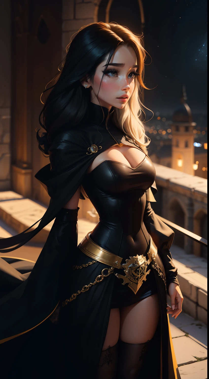 Estilo anime, detalhado, 4k, garota bruxa com sobretudo de aluno da academia de magia segurando uma varinha magica, Her outfit is black and white with gold accents, ambiente noturno, starly sky, cabelos longos e olhos castanhos, como fundo da imagem temos o reino iluminado e ao longe o castelo imponente.