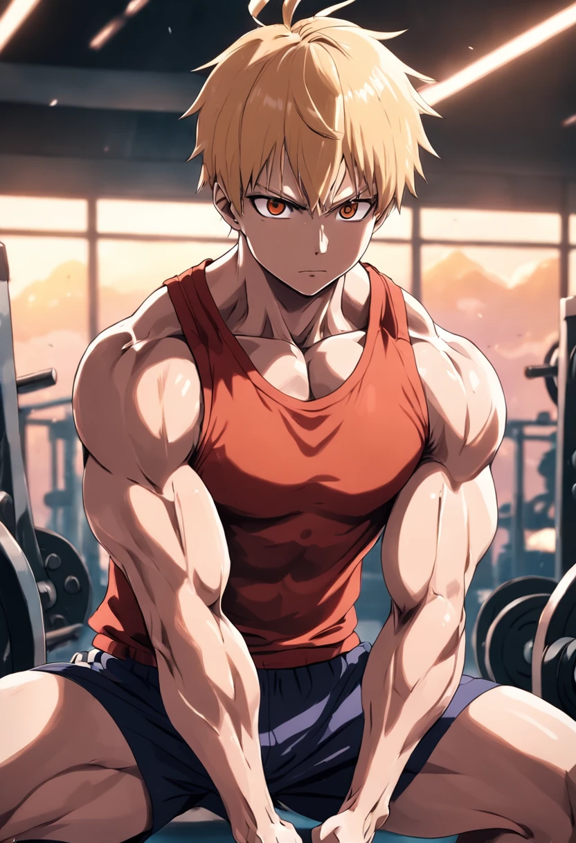 a detailed illustration of Saitama in gym clothes training intensely in a bodybuilding gym, corpo inteiro