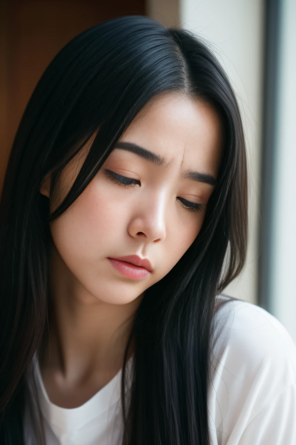 (​masterpiece、high-level image quality、hightquality)、(A Japanese Lady、年轻、kawaii、Healthy body、pure),(A woman in anguish and frustration、sad、lamentation)、Own room、The structure of the human body is accurate、A cool breeze blows outside、Autumn?、Low light of the sun、Great Spirit、Lonely room、Everyday scenery、black eyes、Dark hair、Model actress、sad、Close both eyes and mourn、Natural way to cry、Cinematic photography、