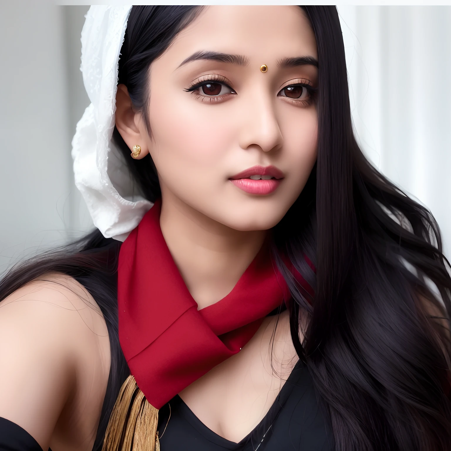 there is a woman with long black hair and a red scarf, indian, inspired by T. K. Padmini, indian girl with brown skin, desi, with lovely look, 30 years old woman, 3 0 years old woman, woman model, tiktok video, sexy girl with dark complexion, webcam footage, with accurate face, photo of a woman