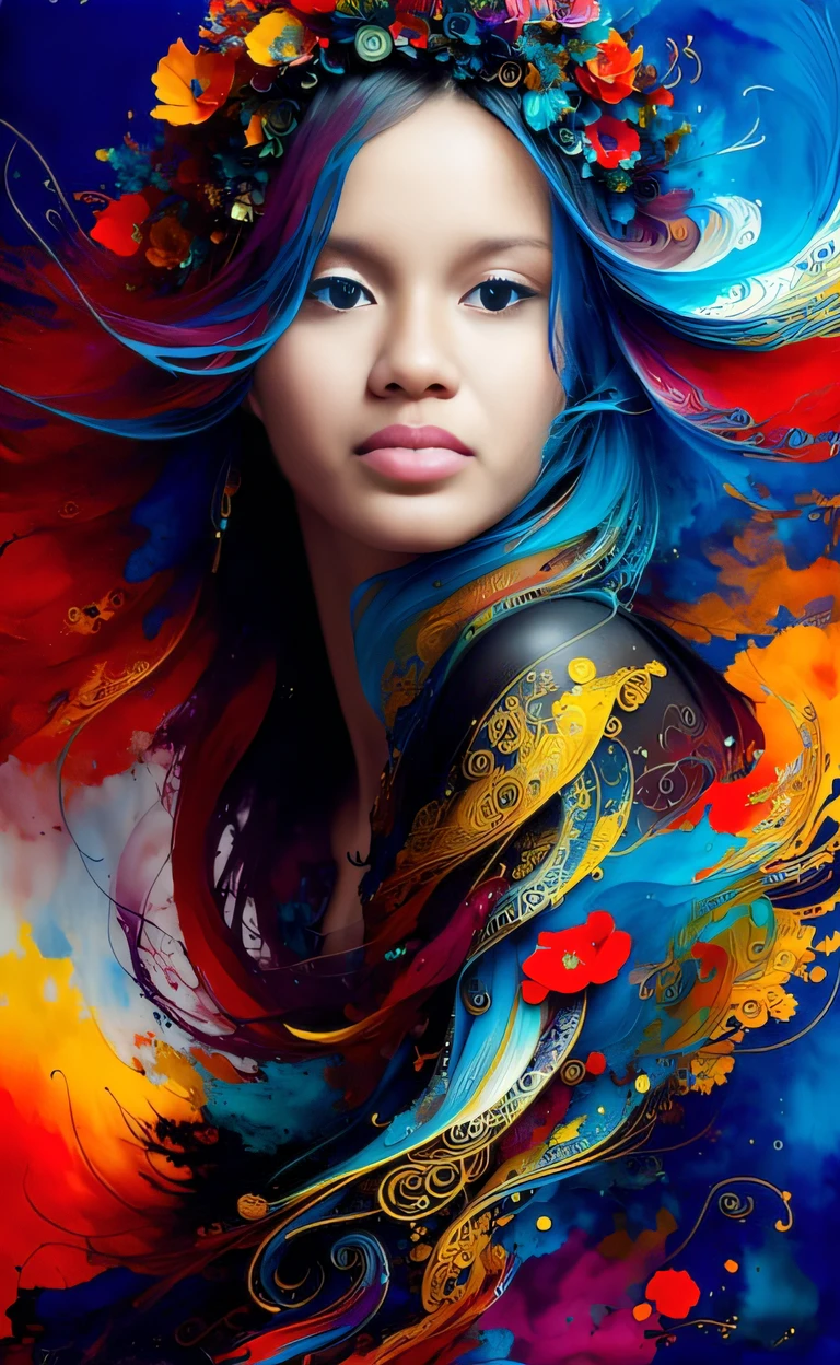 a woman with colorful hair and a wreath on her head, cores fortes e vibrantes, pintura digital vibrante, ricas cores vibrantes, fotografia colorida, cores vibrantes e ricas, lindo arte digital, foto colorida, pintura digital colorida, gotejamento com cor, com cores lindas, cores vibrantes, intricate and intense oil paint, linda arte digital linda, cores vibrantes intrincadas