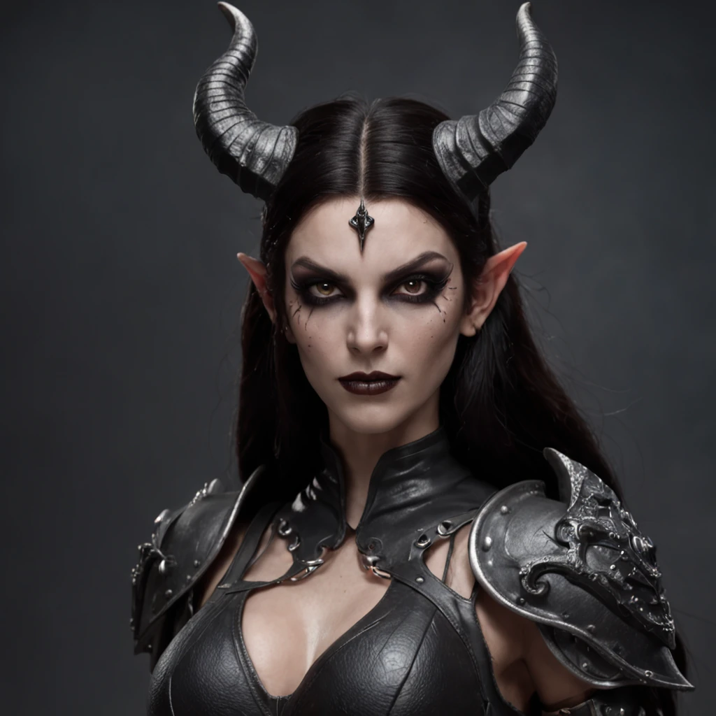 a dark female tiefling, evil eyes, wearing leather black armor, dark silver, pale dark skin, bright eyes, intricate horns, black hair flowing, long hair, athletic, muscular, hot, malicious eyes, epic angle, dark background, medieval fantasy, art by Alan Lee