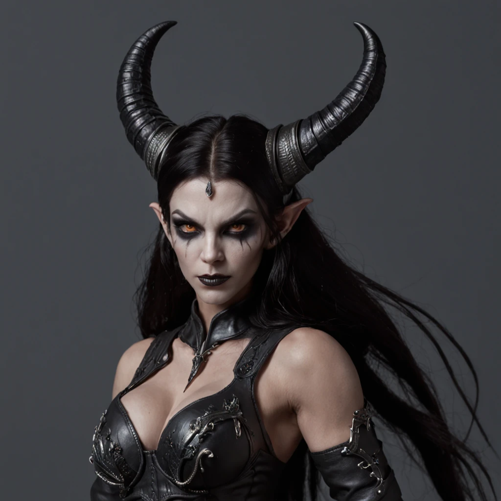 a dark female tiefling, evil eyes, wearing leather black armor, dark silver, pale dark skin, bright eyes, intricate horns, black hair flowing, long hair, athletic, muscular, hot, malicious eyes, epic angle, dark background, medieval fantasy, art by Alan Lee