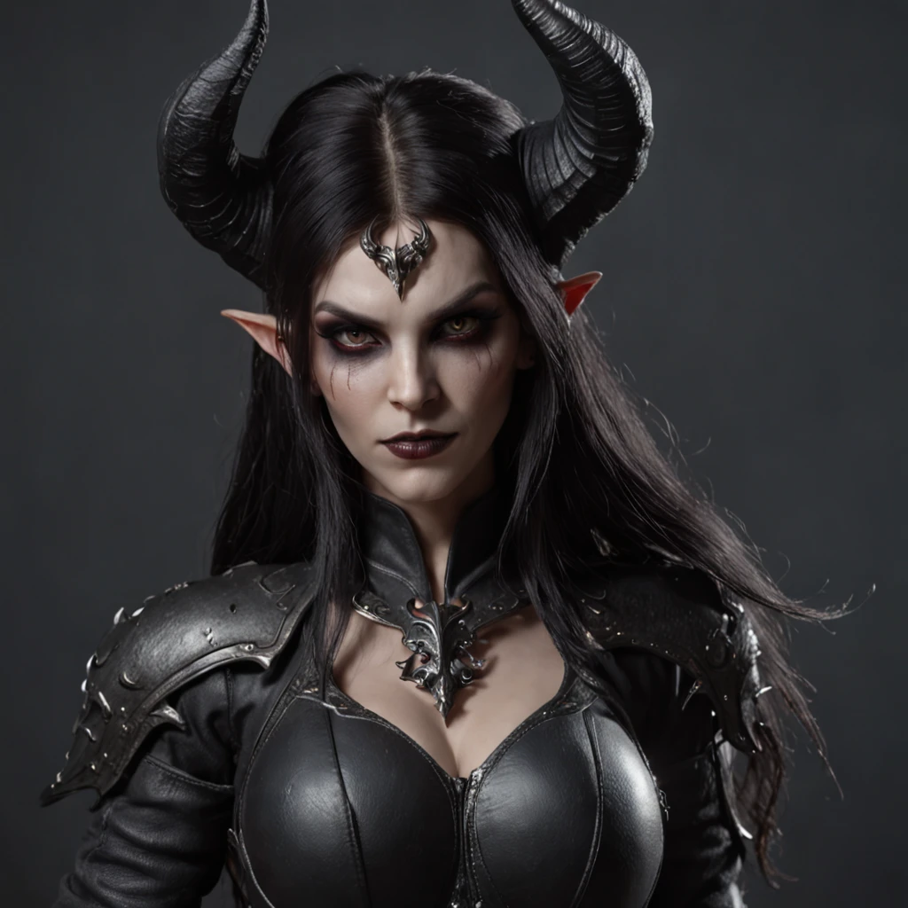 a dark female tiefling, evil eyes, wearing leather black armor, dark silver, pale dark skin, bright eyes, intricate horns, black hair flowing, long hair, athletic, muscular, hot, malicious eyes, epic angle, dark background, medieval fantasy, art by Alan Lee