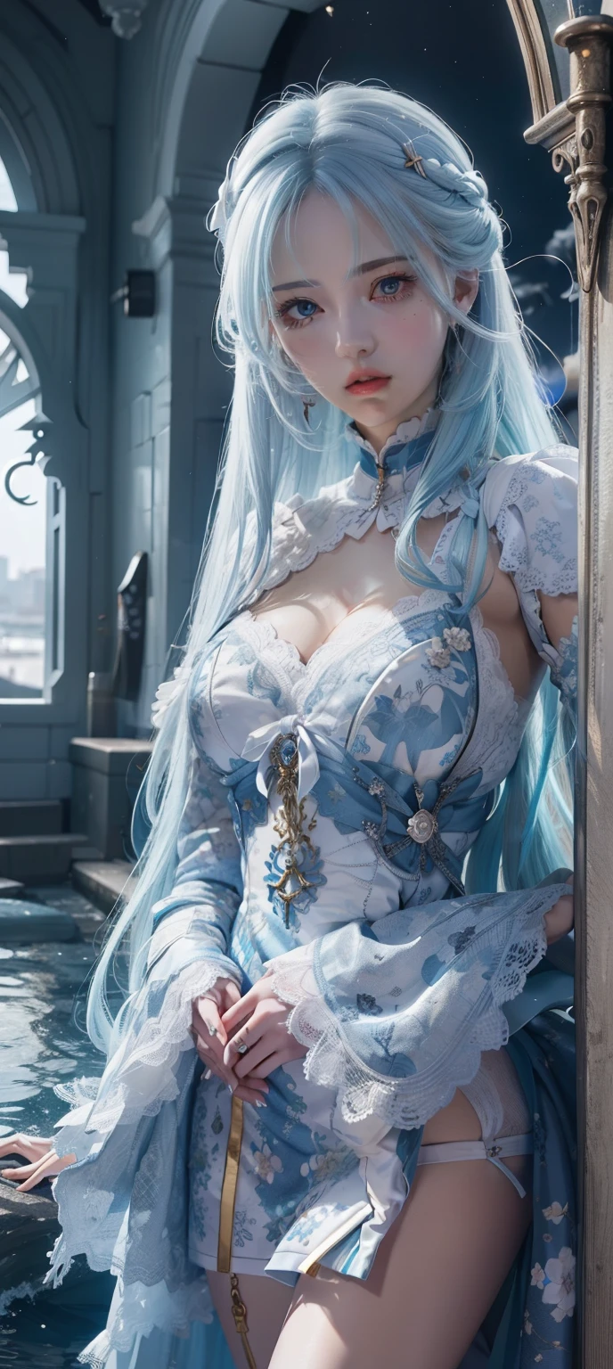 photorealistic, masterpiece, high resolution, soft light, mature female, blue and pink hair, blue eyes, hips up, black maid costume, jewelry, tattoo