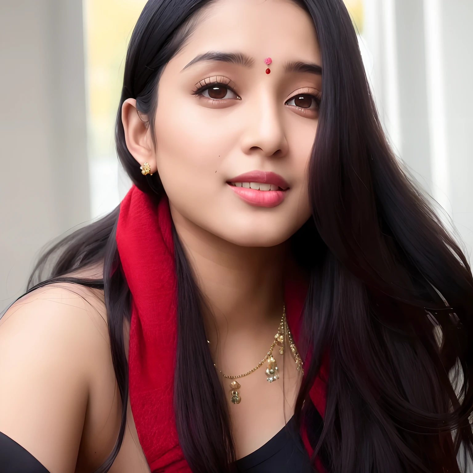 there is a woman with long black hair and a red scarf, indian, inspired by T. K. Padmini, indian girl with brown skin, desi, with lovely look, 30 years old woman, 3 0 years old woman, woman model, tiktok video, sexy girl with dark complexion, webcam footage, with accurate face, photo of a woman