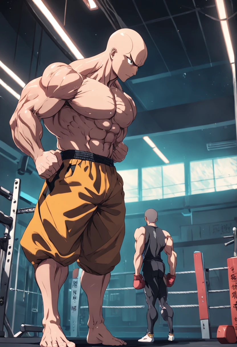 (a detailed illustration of Saitama:1.5, One Punch Man, with gym clothes, training intensely in a bodybuilding gym:1.3, corpo inteiro:1.2)