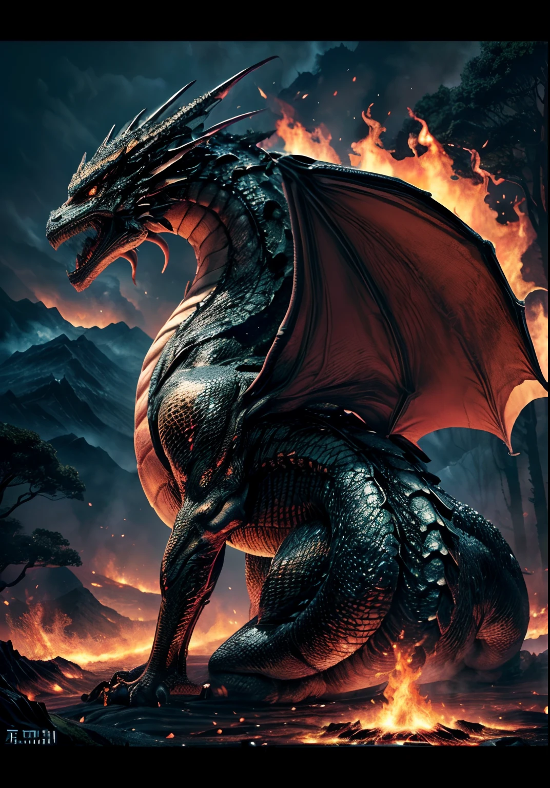 ((realisti, photo-realistic: 1.3), Extremely refined and beautiful, astounding, finely detail, an intricate, (((dragon, Surrounded by flames, Black Mountains, the trees, magma, the wind, Long wavy body, hiquality, higly detailed, Epic))), volumetric fog, 8K Ultra HD, dslr, hiquality, (film grains: 1.4), Fujifilm XT3,official arts, 统一 8k 壁纸, Super detailed, Beautiful and beautiful, beste-Qualit, (s fractal art: 1.4), back light, On the contrary,