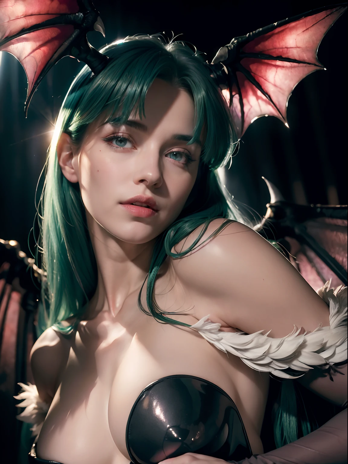 ((Masterpiece)), (high resolution:1.4), morrigan aensland, looking at viewer, beautifull smile, graveyard at night background, darkcasttle outside, beautiful face, highly detailed skin, skin pores,(highly detailed face:1.1), (highly detailed eyes:1.1), realistic pupils, full face blush, full lips, (perfect anatomy:1.1), (perfect proportions:1.1), (photography:1.1), (photorealistic:1.1), volumetric lighting, dynamic lighting, real shadows, (highres:1.1), sharp focus, rembrandt lighting, (realistic, hyperrealistic:1.4), intricate, high detail, dramatic, subsurface scattering, big depth of field, vivid, polished, sharpened, ((full Sharp)), (extremely absurdres),16k hdr,