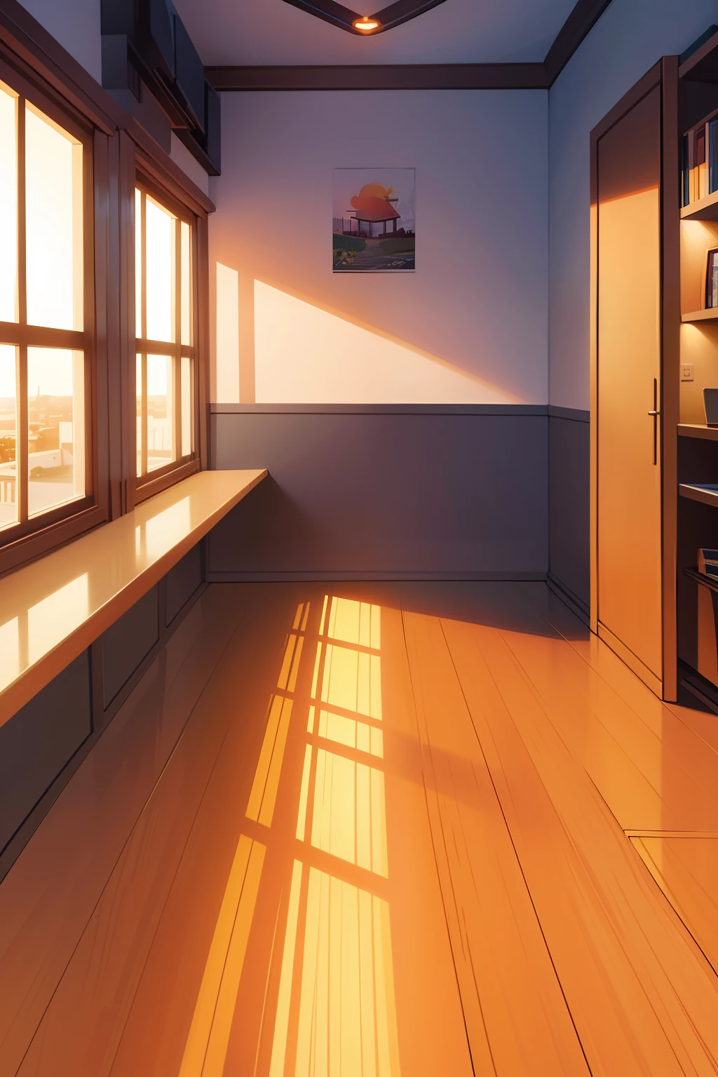 Frontal photography: The room illuminated by the sunset at dusk is empty,Perfect quality,Happy cartoon,hd illustration,exciting illustration,flatillustration,a cartoon illustration,Children's book illustration,Detailed 2D illustration,Business Illustration,Children's book illustration,full-colour illustration,2D illustration
