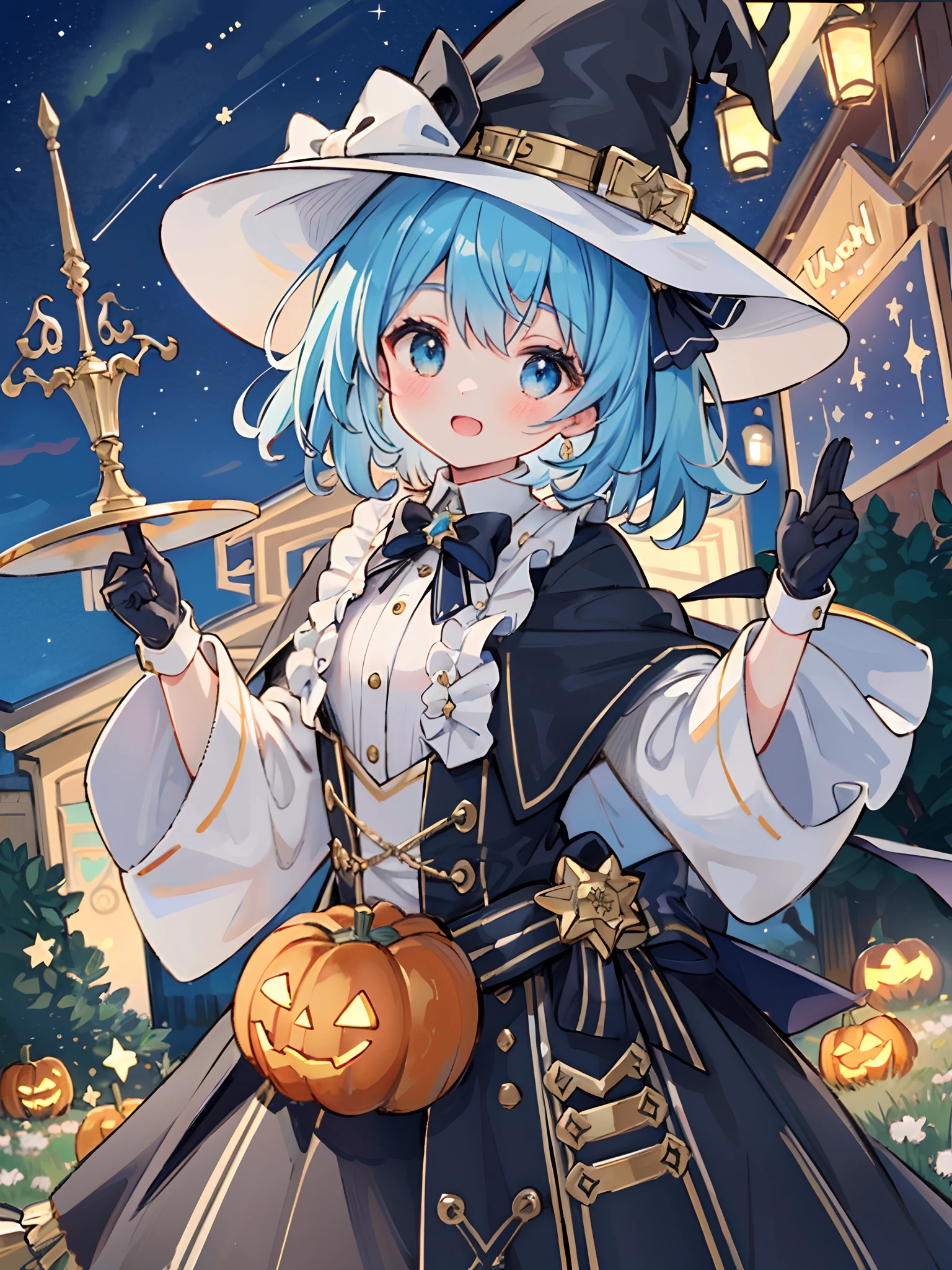 ((masterpiece:1.2, best quality)), 1girl, solo, (witch hat), a close up of a girl with curl hair, short hair, dress, aurora, night, star (sky), gloves, sky, dress, night sky, open mouth, starry sky, light blue eyes, ribbons, smile, cape, blue hair, magic, casting spell, night, (impressionism:1.4), alphonse mucha, Halloween colors, colorful candy