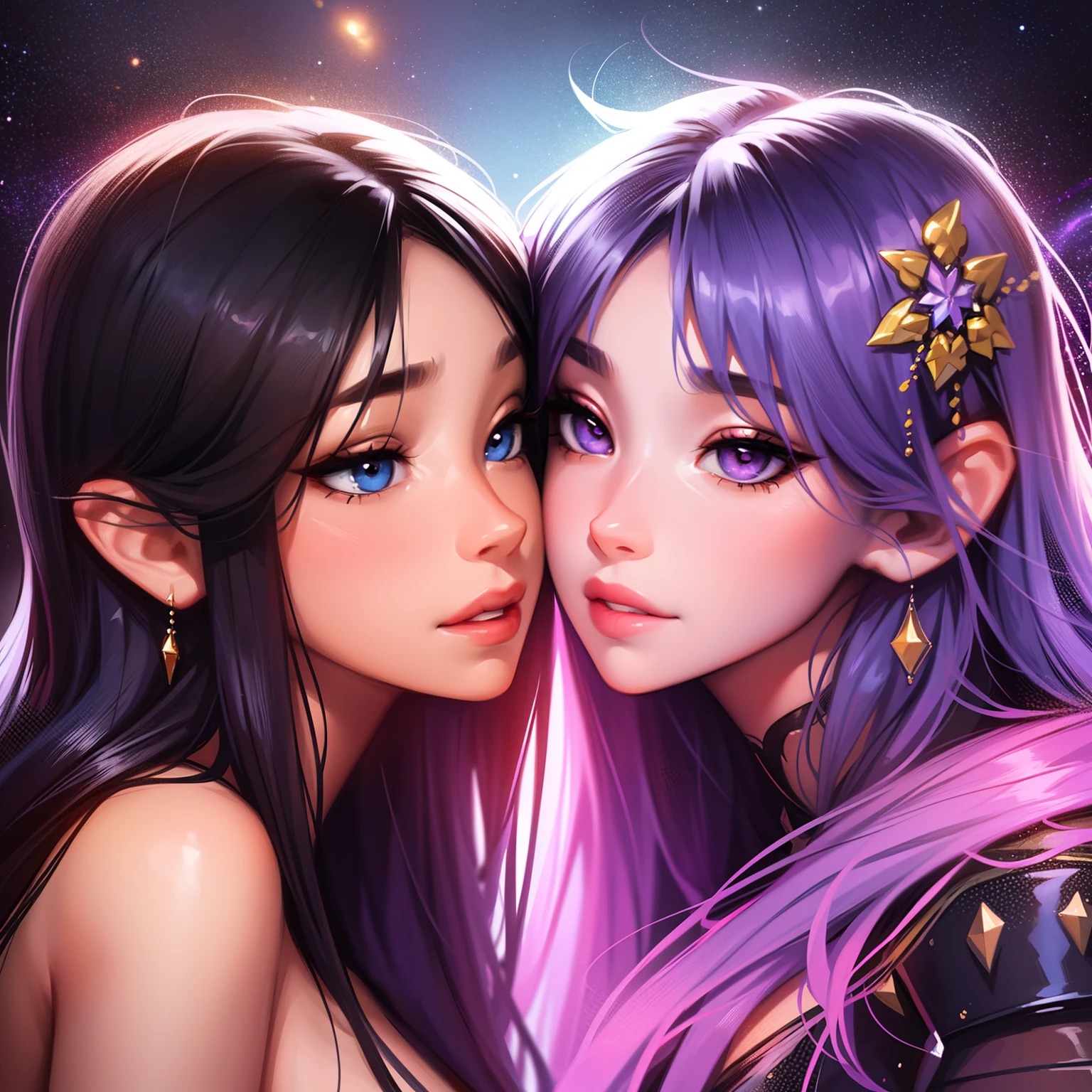 adesivo, fundo simples, portrait, 2 girls, couple, kissing, girl with long hair, beautiful galaxy girl, galaxy aesthetic, beautiful girl, very beautiful fantasy art, beautiful and elegant female galaxy, beautiful detailed fantasy, purple and blue color palate, purple color-theme
