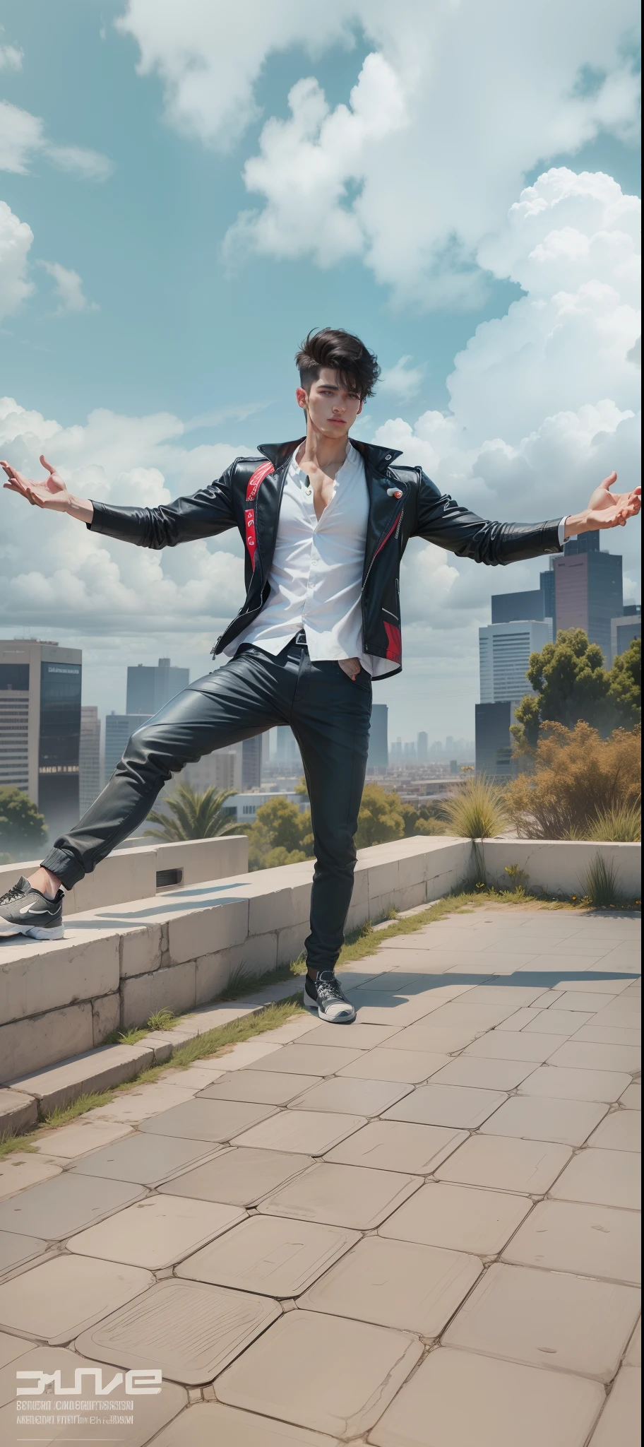 Handsome boy with black jacket realistic cloudy background