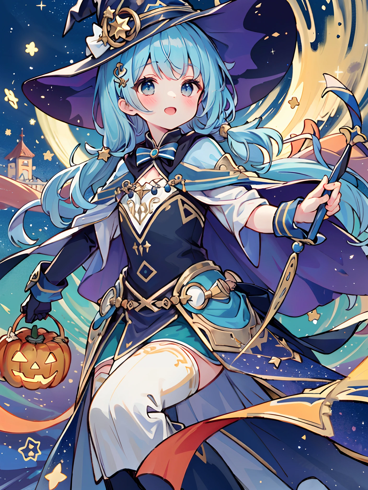 ((masterpiece:1.2, best quality)), 1girl, solo, (witch hat), a close up of a girl with curly hair, dress, aurora, night, star (sky), gloves, sky, dress, night sky, open mouth, starry sky, light blue eyes, ribbons, smile, cape, blue hair, magic, casting spell, night, (impressionism:1.4), alphonse mucha, Halloween colors, colorful candy, casting a spell, magical lights