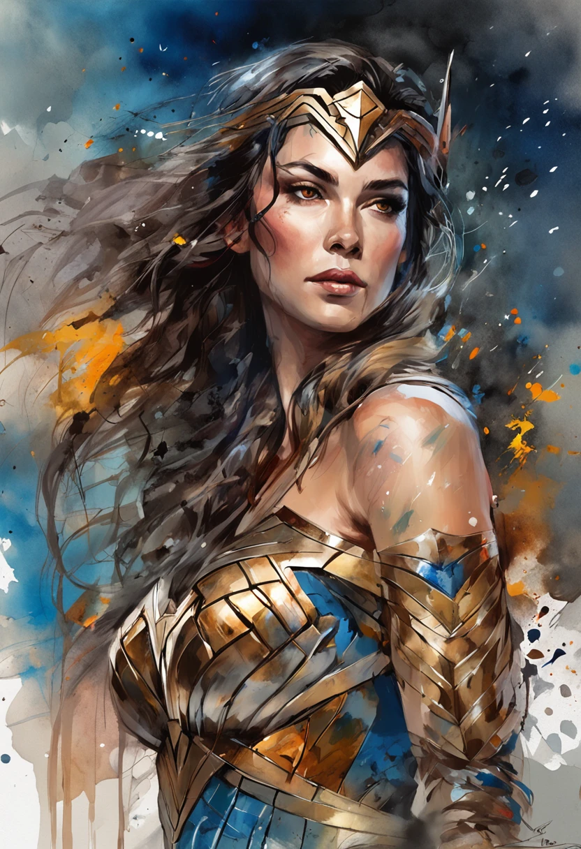 Carne Griffiths and Wadim Kashin have created an awe-inspiring digital painting of the character Wonder Woman with abstract beauty. Her full body focused on the camera, approaching perfection with a dynamic pose. The moonlight highlights her smooth skin in sharp focus, making her highly detailed features stand out. This illustration is a concept art masterpiece, with triadic colors and intricate details that give it a fantastical feel. It has become a trending piece on ArtStation, with a 8K resolution and complementary colors that make it a splash screen worthy piece. Greg Rutkowski's hyperdetailed gothic art and Artgerm's oil painting heavy strokes add an extra layer of depth to this fantasy concept art masterpiece.