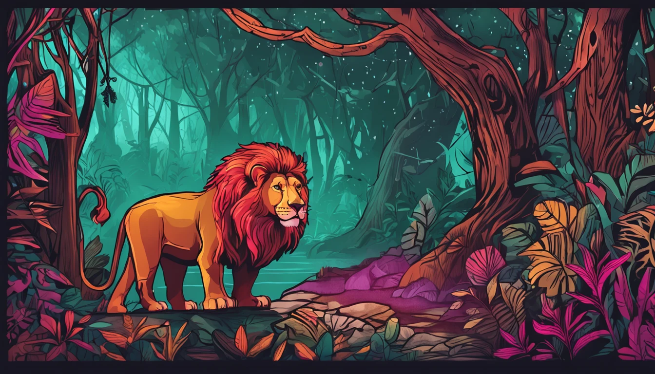Enchanted forest with lion in drawing