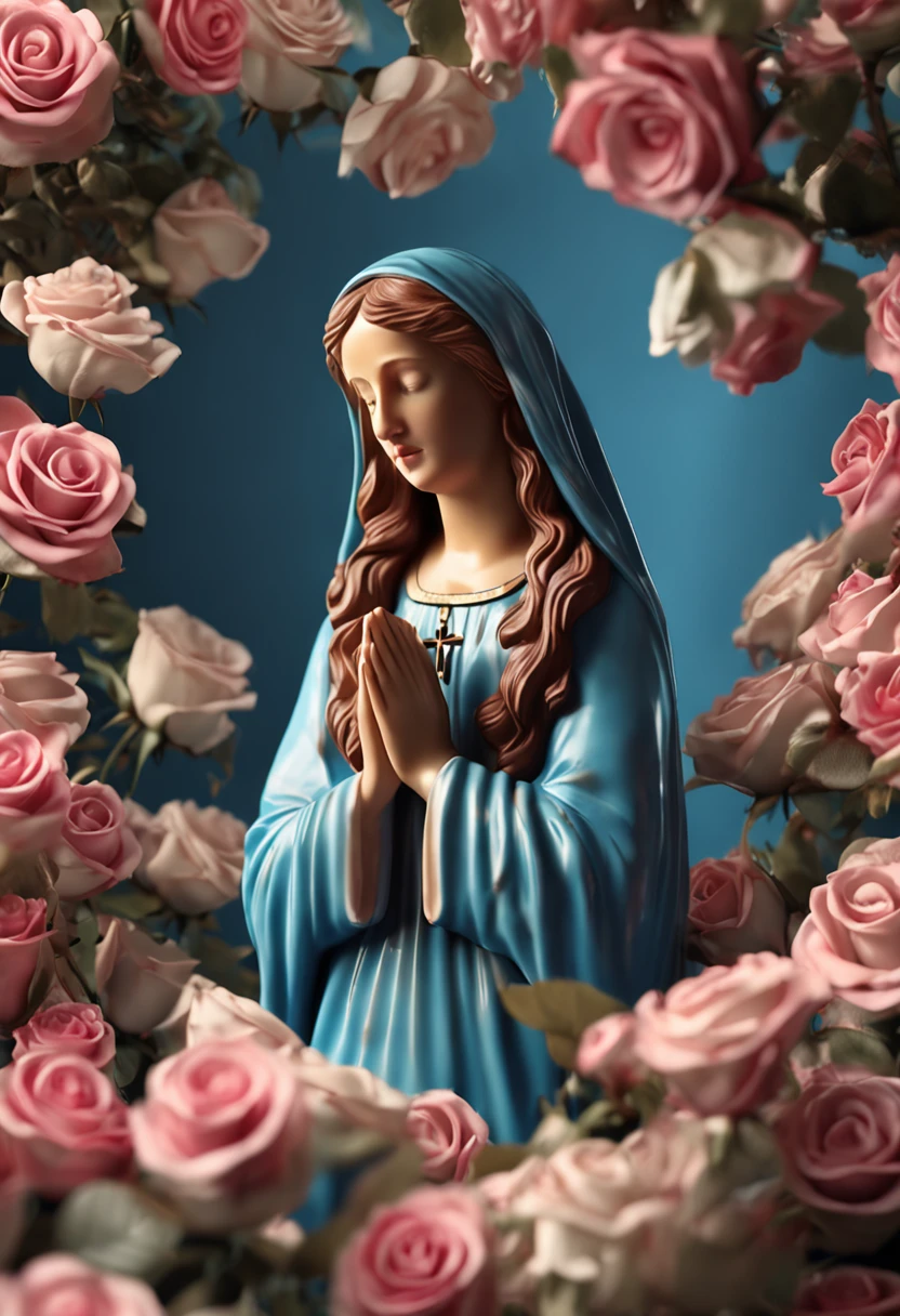 (Professional 3D rendering:1.3) de (Realistic:1.3) Mary praying the Rosary with roses, no estilo de pseudo-realista, rosa escuro e azul claro, realismo suave pincelada, low-res, Foto de imprensa associada, Imagem UHD
