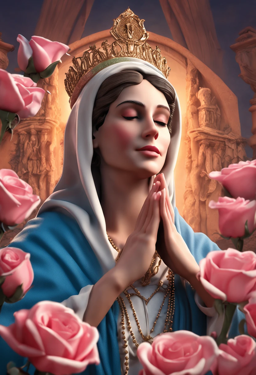 (Professional 3D rendering:1.3) de (Realistic:1.3) Mary praying the Rosary with roses, no estilo de pseudo-realista, rosa escuro e azul claro, realismo suave pincelada, low-res, Foto de imprensa associada, Imagem UHD