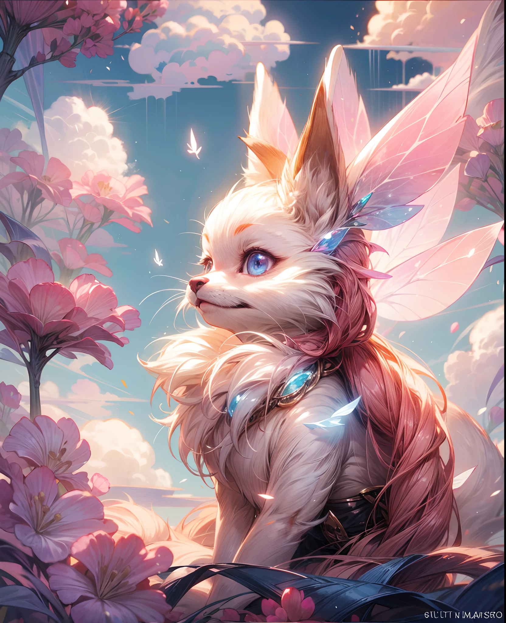 "Cute foxy fairy with beautiful glowing fairy wings, in a cute cloud world of a magical realm, surrounded by many small adorable fox fairies, against a backdrop of a pink and blue colored sky. A masterpiece in ultra HD."