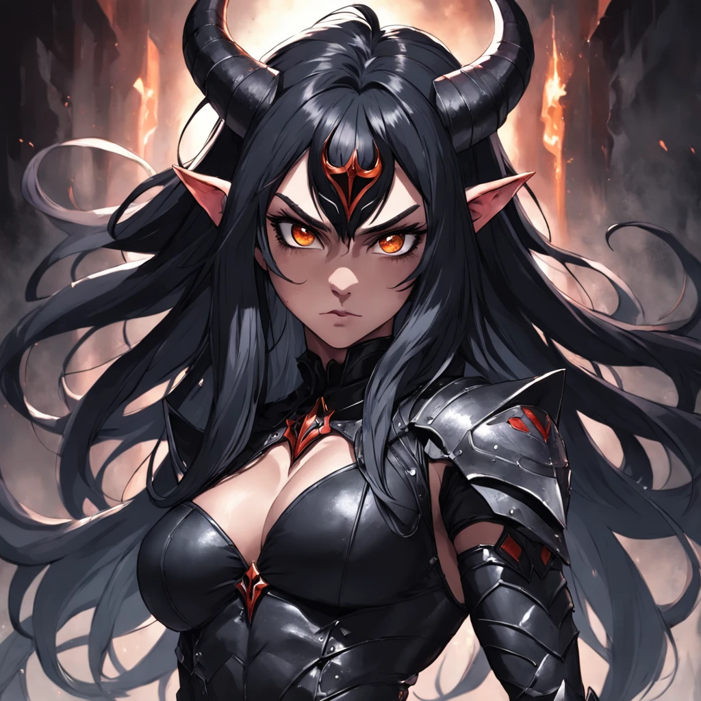 a dark female tiefling, evil eyes, wearing leather black armor, dark silver, pale dark skin, bright eyes, intricate horns, black hair flowing, long hair, athletic, muscular, hot, malicious eyes, epic angle, dark background, medieval fantasy, art by Alan Lee