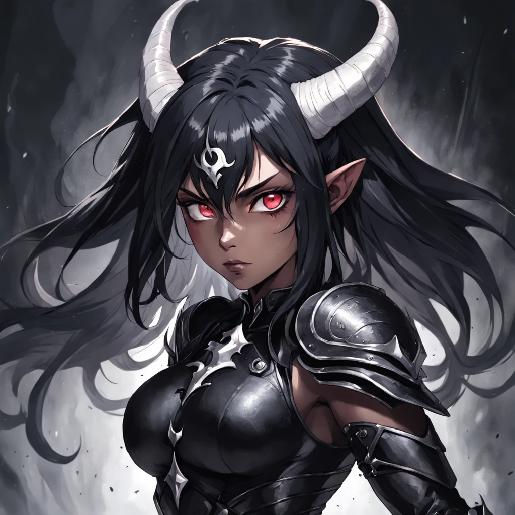 a dark female tiefling, evil eyes, wearing leather black armor, dark silver, pale dark skin, bright eyes, intricate horns, black hair flowing, long hair, athletic, muscular, hot, malicious eyes, epic angle, dark background, medieval fantasy, art by Alan Lee