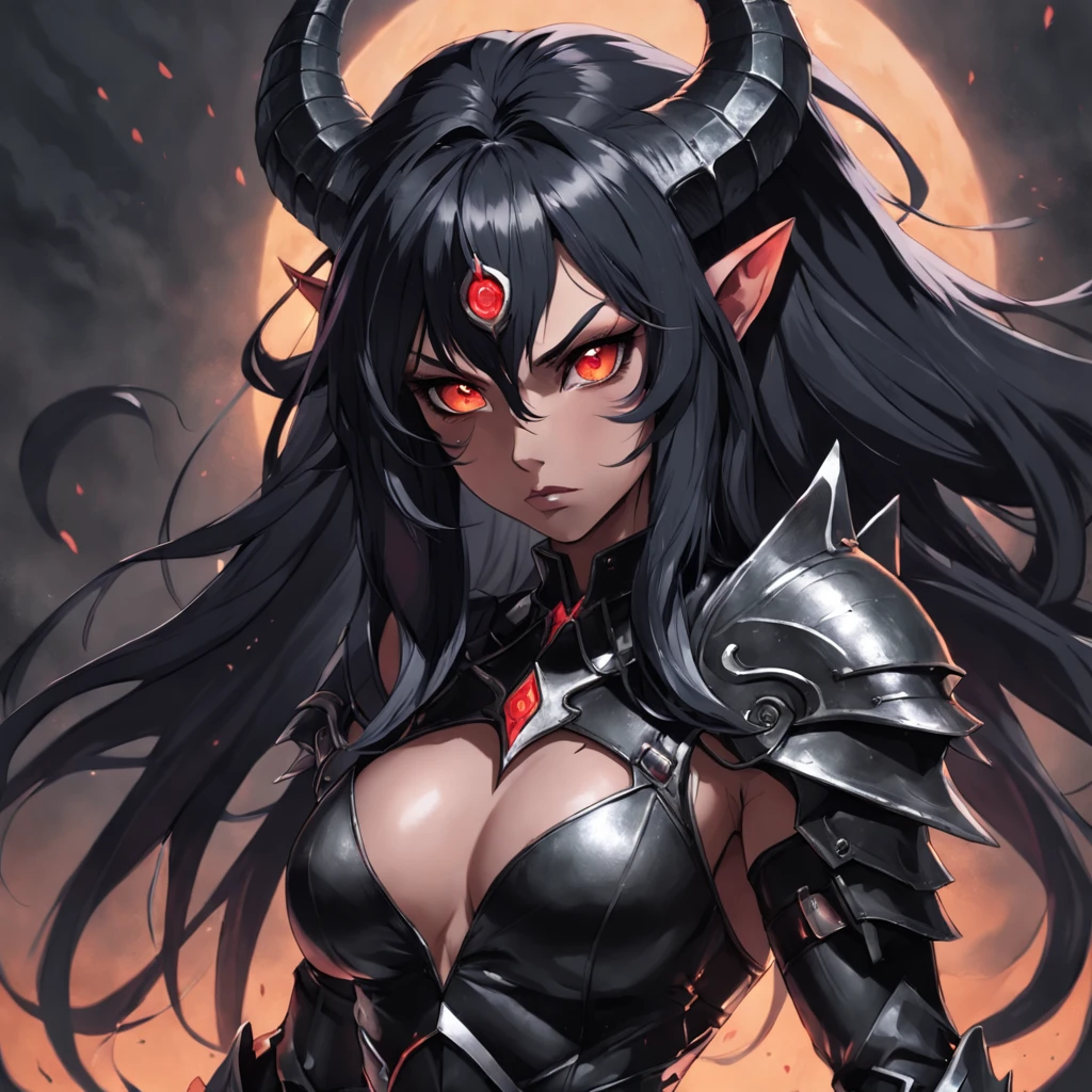 a dark female tiefling, evil eyes, wearing leather black armor, dark silver, pale dark skin, bright eyes, intricate horns, black hair flowing, long hair, athletic, muscular, hot, malicious eyes, epic angle, dark background, medieval fantasy, art by Alan Lee