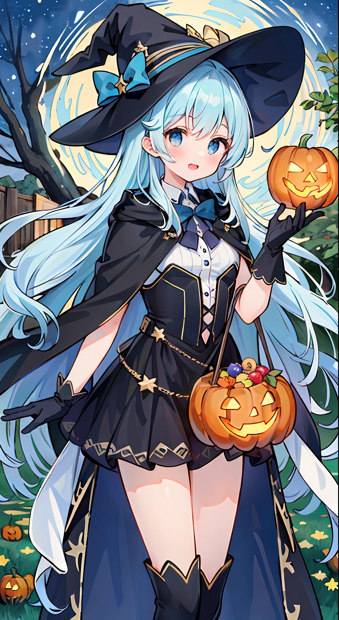 ((masterpiece:1.2, best quality)), 1girl, solo, (witch hat), a close up of a girl with curly hair, dress, aurora, night, star (sky), gloves, sky, dress, night sky, open mouth, starry sky, light blue eyes, ribbons, smile, cape, colorful hair, magic, casting spell, night, (impressionism:1.4), alphonse mucha, Halloween colors, colorful candy, magical lights, pumpkins, candies