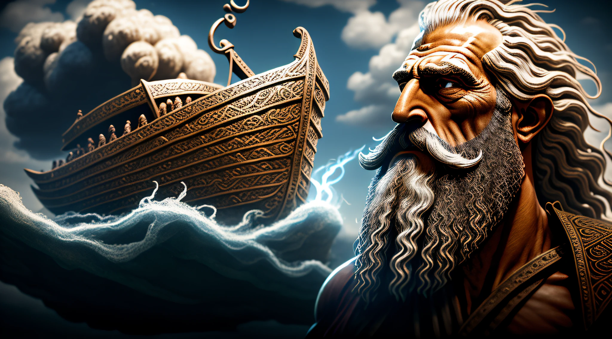 Image of a man with beard and beard standing up , Ark of Noah, biblical epic movie, moses, epic biblical representation, abiogenesis, Directed by: Gavin Nolan, Directed by: Laszlo Balogh, incredible depth, Directed by: Scott M. Fischer, awesome art, Directed by: Greg Rutkowski, Directed by: Greg Rutkowski