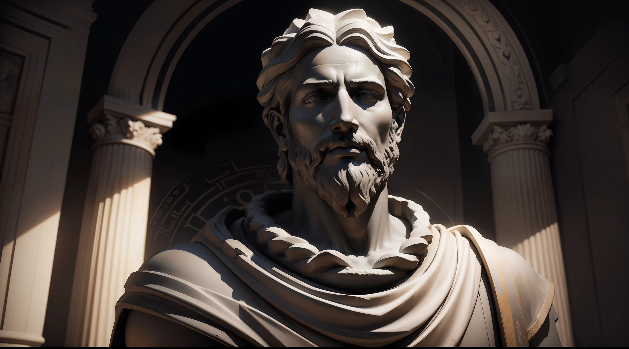 Realistic statue with all-black background of ancient philosopher epictetus. obra-prima, melhor qualidade, Textura 8K, altamente detalhados, realista, soft Cinematic Light, HDR, foco nítido, obra-prima, fotorrealista, fotografia premiada, Canon EOS R5, 35 mm.