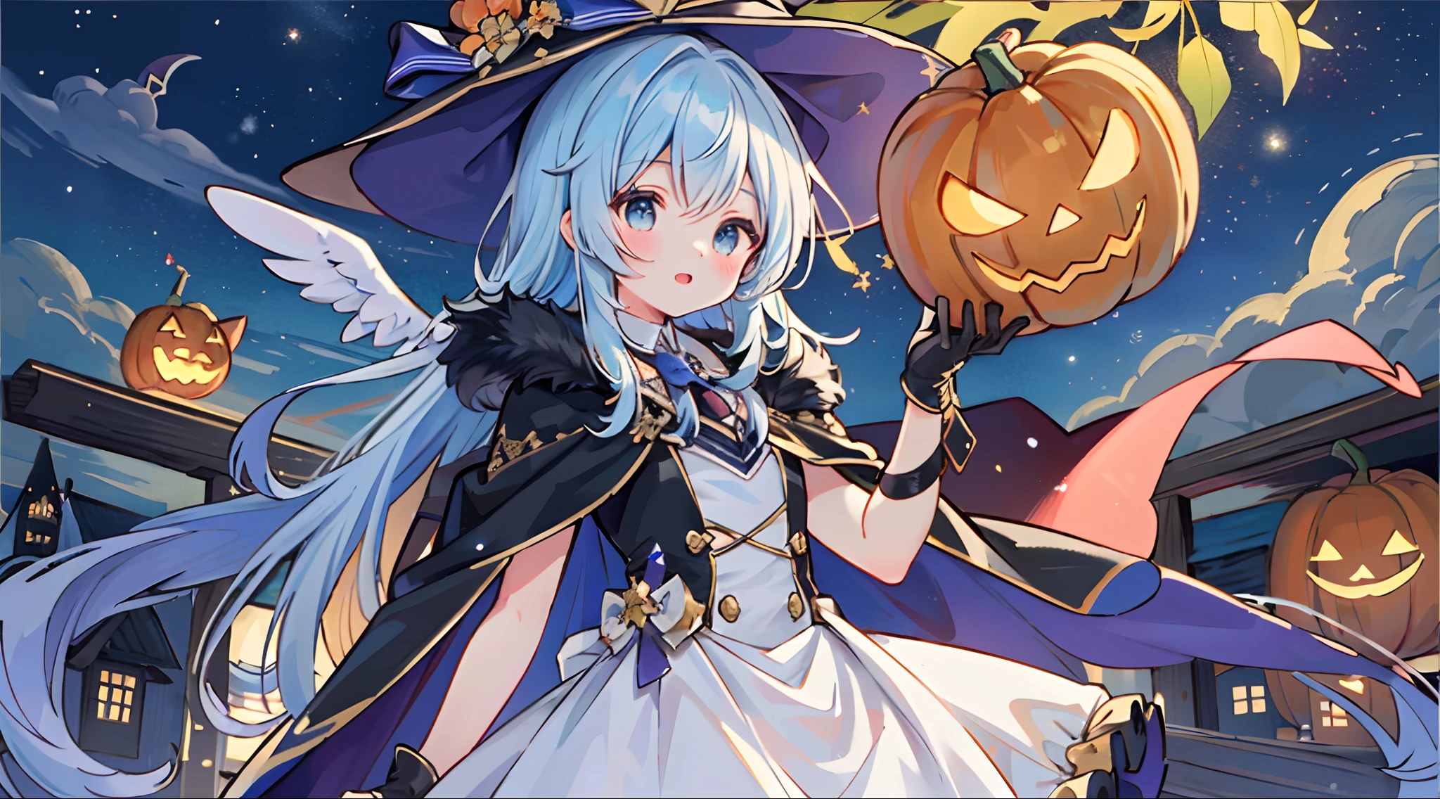 ((masterpiece:1.2, best quality)), 1girl, solo, (witch hat), a close up of a girl with curly hair, dress, aurora, night, star (sky), gloves, sky, dress, night sky, open mouth, starry sky, light blue eyes, ribbons, smile, cape, colorful hair, magic, casting spell, night, (impressionism:1.4), alphonse mucha, Halloween colors, colorful candy, magical lights, pumpkins, candies